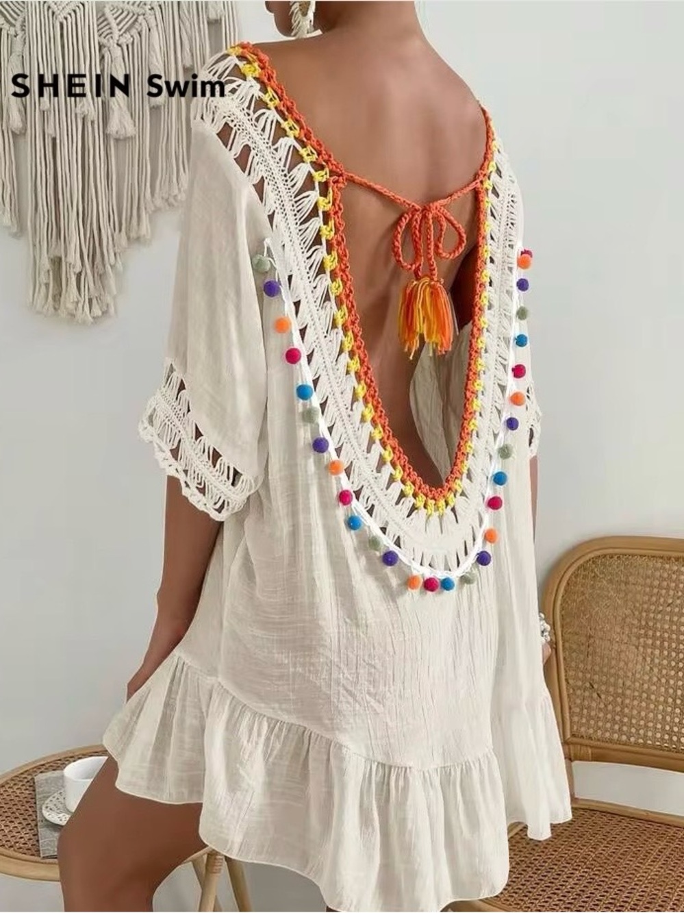 SHEIN Cream Crochet-Trim Mini Dress with Orange & Yellow Accents - Picture 4 of 15